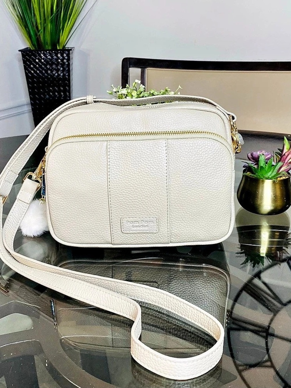 Pom Pom London Original Plus Leather Crossbody Bag Stone Beige New